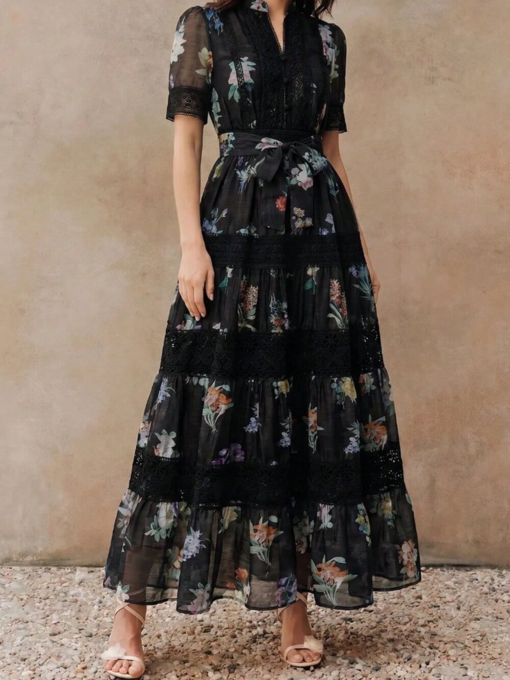 Black Boho Women's Floral Pattern Patchwork Lace Trim Dress - Picture 3 of 8